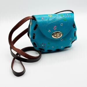 Small Mexican Leather Crossbody Bag Mini Turquoise Floral Butterfly Tooled Boho